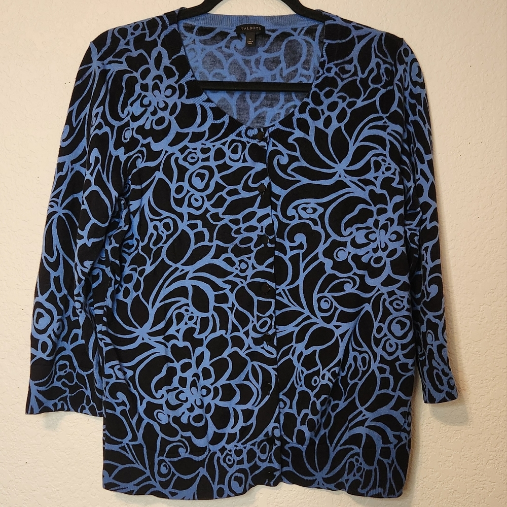 Talbots Blue and Black Abstract Floral Design Button-Down Cardigan, Size L